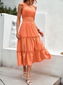 SHEIN VCAY 單肩打結荷葉邊連衣裙 - 橘色 - 查看 5