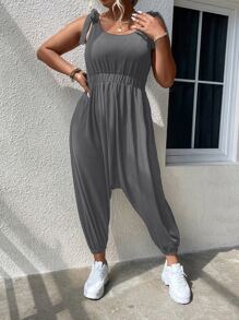 SHEIN LUNE Plus Tie Shoulder Tank Jumpsuit - Grey - View 4