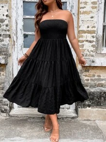 Breezaya Plus Ruffle Hem Tube Summer Boho Dress - Black - View 3