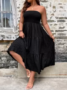 Breezaya Plus Ruffle Hem Tube Summer Boho Dress - Black - View 5