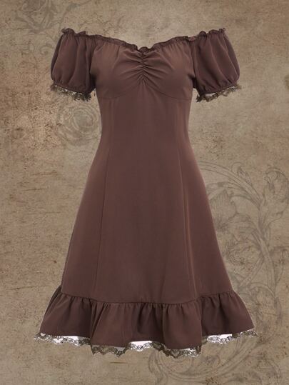 Fairycore Solid Ruched Contrast Lace Dress