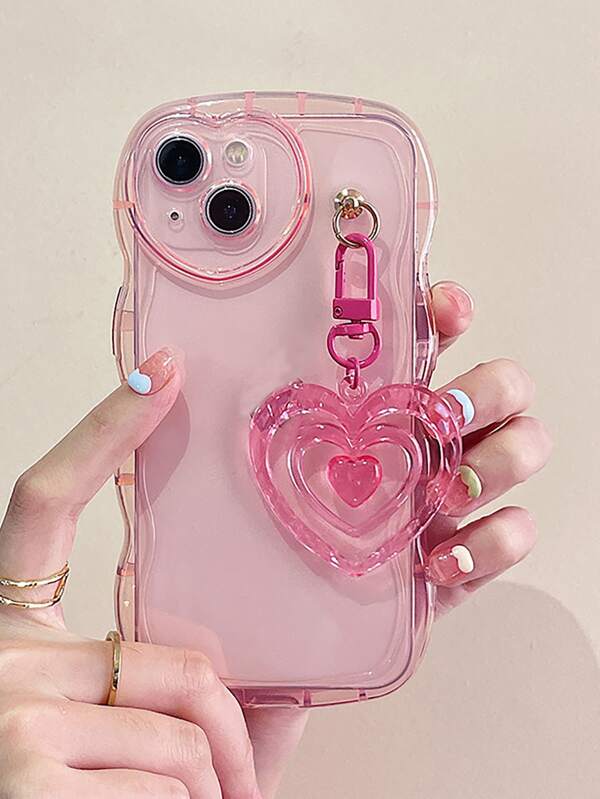 Funda de teléfono resistente a golpes con forma de corazón rosa 3D, transparente, con cordón, resistente al agua, a prueba de golpes y resistente a los arañazos, regalo de primavera