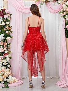 Double Crazy High Low Hem Sequin Cami Dress - Red - View 2