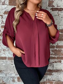 SHEIN Clasi Plus Notched Neckline Roll Tab Sleeve Press Crease Detail Blouse - Burgundy - View 5