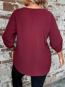 SHEIN Clasi Plus Notched Neckline Roll Tab Sleeve Press Crease Detail Blouse - Burgundy - View 2