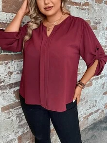 SHEIN Clasi Plus Notched Neckline Roll Tab Sleeve Press Crease Detail Blouse - Burgundy - View 3