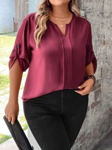 SHEIN Clasi Plus Notched Neckline Roll Tab Sleeve Press Crease Detail Blouse - Burgundy - View 4
