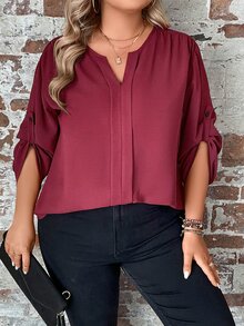SHEIN Clasi Plus Notched Neckline Roll Tab Sleeve Press Crease Detail Blouse - Burgundy - View 7