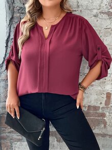 SHEIN Clasi Plus Notched Neckline Roll Tab Sleeve Press Crease Detail Blouse - Burgundy - View 1