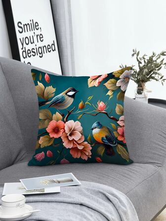 1入組花卉和鳥類圖案裝飾抱枕套現代梭織面料客廳靠墊套家居裝飾四季皆宜