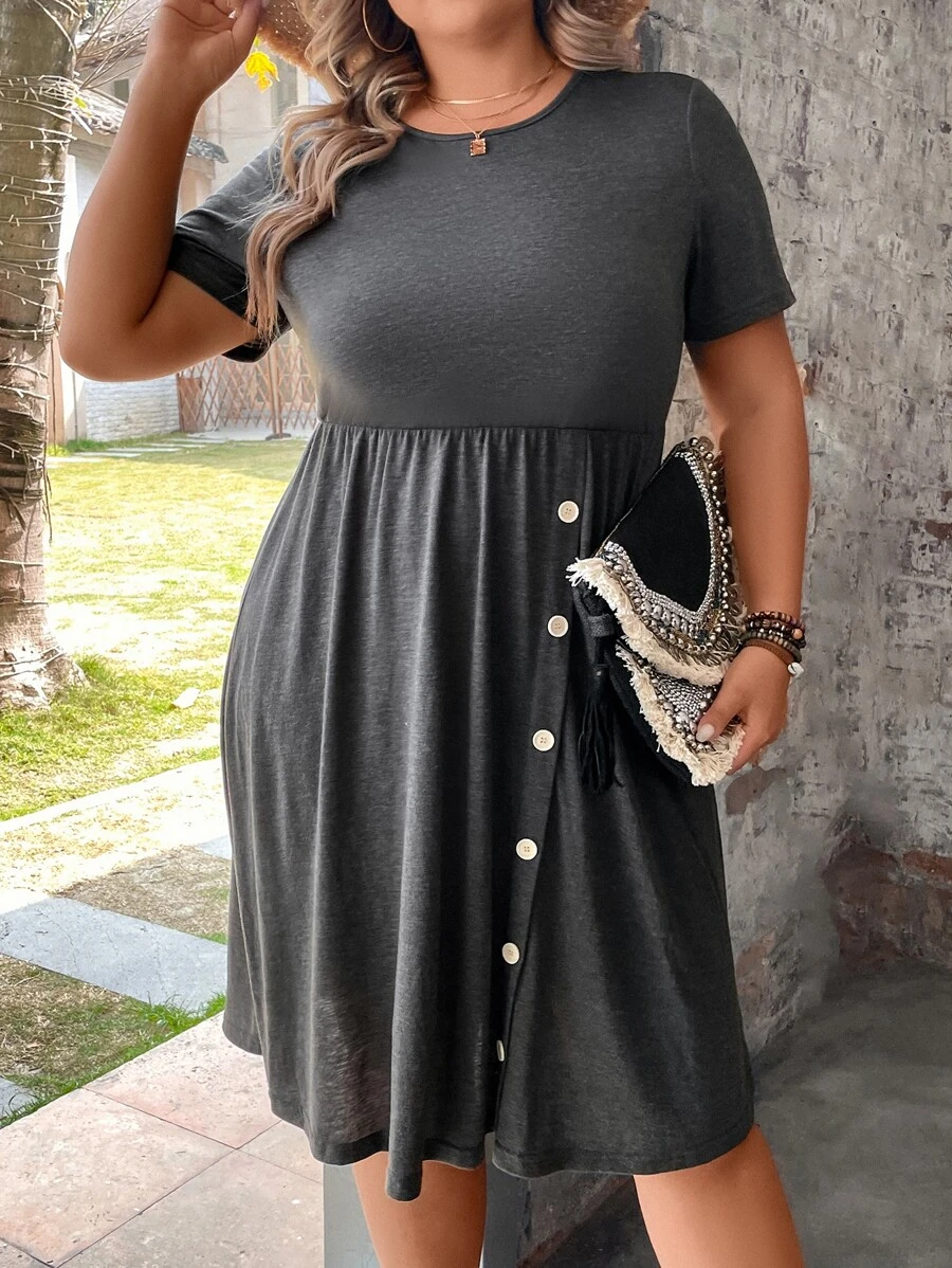 SHEIN LUNE Đầm Plus Size Nút Nút phía trước Nút giả màu trơn Giải trí - Màu xám đen - Xem 1