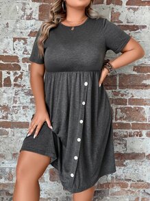 SHEIN LUNE Đầm Plus Size Nút Nút phía trước Nút giả màu trơn Giải trí - Màu xám đen - Xem 4