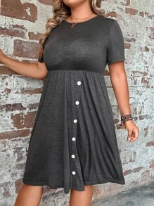 SHEIN LUNE Đầm Plus Size Nút Nút phía trước Nút giả màu trơn Giải trí - Màu xám đen - Xem 5