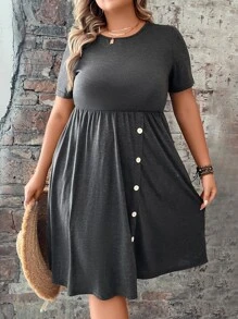 SHEIN LUNE Đầm Plus Size Nút Nút phía trước Nút giả màu trơn Giải trí - Màu xám đen - Xem 7