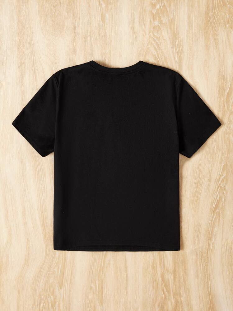 SHEIN T-shirt pour filles avec col rond, manches courtes, noir/couleur unie, motif cœur, pour adolescentes, port décontracté quotidien, convient pour la Saint-Valentin - Noir - Voir 2