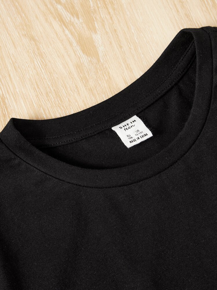 SHEIN T-shirt pour filles avec col rond, manches courtes, noir/couleur unie, motif cœur, pour adolescentes, port décontracté quotidien, convient pour la Saint-Valentin - Noir - Voir 4