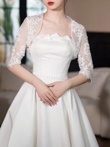 1pc Women's Lace & Rhinestone Decor Cape Shawl, Spring/ Autumn, Perfect For Bride Wedding Dress, Evening Party, Ect. - White - View 1