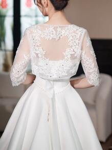 1pc Women's Lace & Rhinestone Decor Cape Shawl, Spring/ Autumn, Perfect For Bride Wedding Dress, Evening Party, Ect. - White - View 2