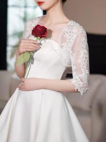 1pc Women's Lace & Rhinestone Decor Cape Shawl, Spring/ Autumn, Perfect For Bride Wedding Dress, Evening Party, Ect. - White - View 3