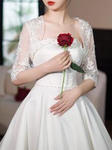 1pc Women's Lace & Rhinestone Decor Cape Shawl, Spring/ Autumn, Perfect For Bride Wedding Dress, Evening Party, Ect. - White - View 4