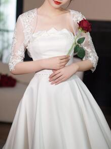 1pc Women's Lace & Rhinestone Decor Cape Shawl, Spring/ Autumn, Perfect For Bride Wedding Dress, Evening Party, Ect. - White - View 5