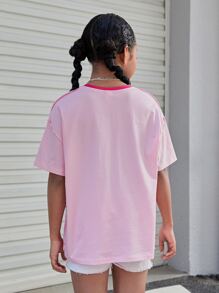 SHEIN Leap Crew 青少年女孩短袖圆领针织拼色落肩 T 恤 - 彩色 - 查看 2