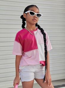 SHEIN Leap Crew 青少年女孩短袖圆领针织拼色落肩 T 恤 - 彩色 - 查看 3