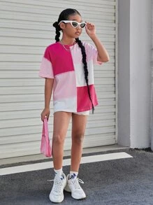 SHEIN Leap Crew 青少年女孩短袖圆领针织拼色落肩 T 恤 - 彩色 - 查看 4