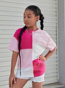 SHEIN Leap Crew 青少年女孩短袖圆领针织拼色落肩 T 恤 - 彩色 - 查看 5