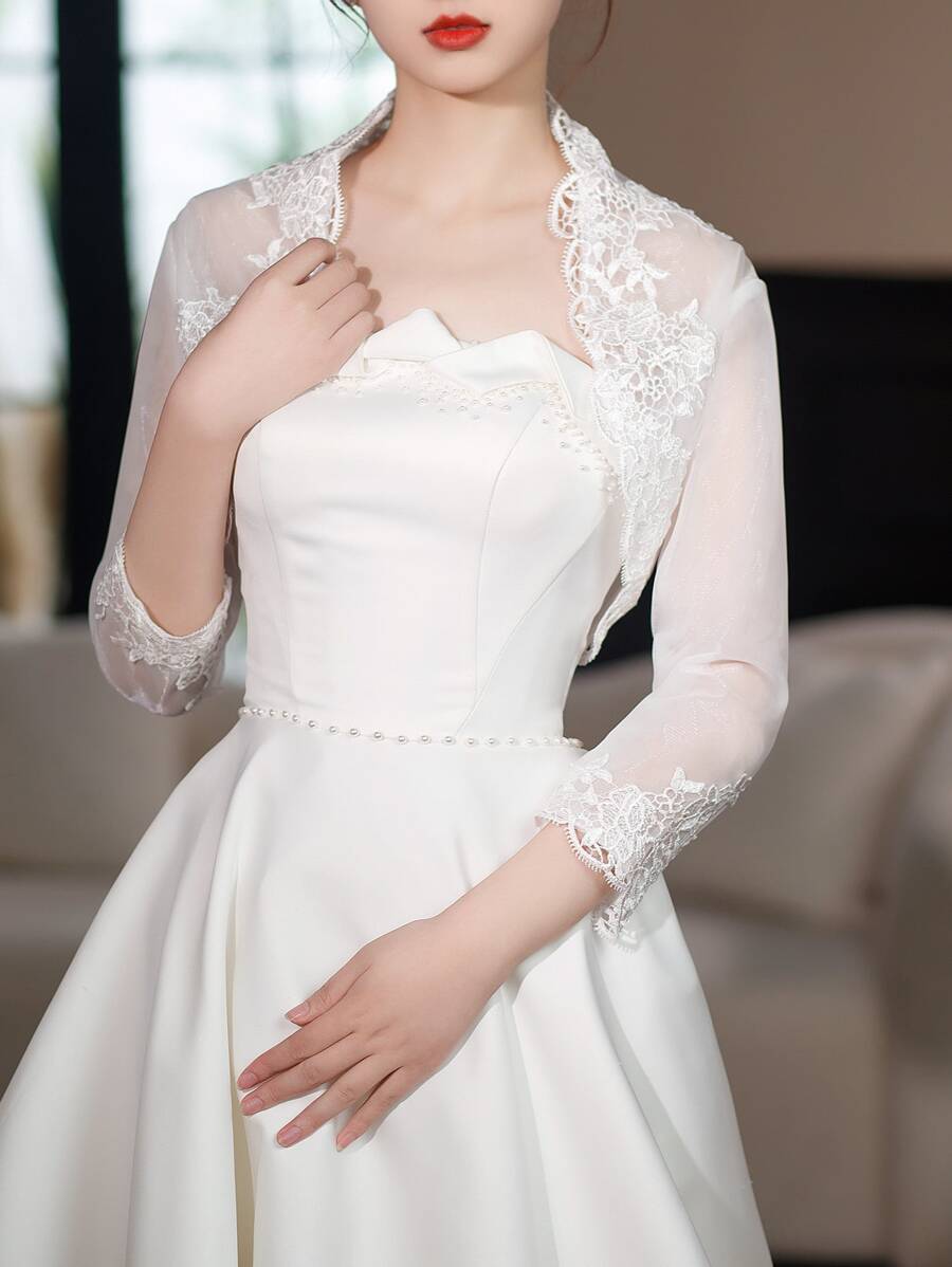 1pc White Lace Net Yarn Shawl For Women, Spring/fall, Perfect For Wedding Dress Or Thin Clothing, Lace Arm Covering, Korean Style Cape - White - View 1