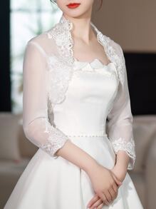 1pc White Lace Net Yarn Shawl For Women, Spring/fall, Perfect For Wedding Dress Or Thin Clothing, Lace Arm Covering, Korean Style Cape - White - View 3