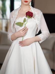 1pc White Lace Net Yarn Shawl For Women, Spring/fall, Perfect For Wedding Dress Or Thin Clothing, Lace Arm Covering, Korean Style Cape - White - View 4