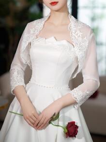 1pc White Lace Net Yarn Shawl For Women, Spring/fall, Perfect For Wedding Dress Or Thin Clothing, Lace Arm Covering, Korean Style Cape - White - View 5