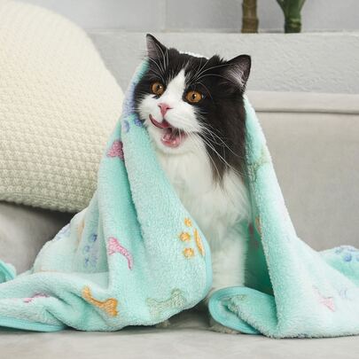 PETSIN 1 chiếc chăn in hình xương và dấu chân cho thú cưng, dùng làm giường cho chó, mèo, dễ vệ sinh