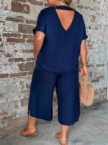 SHEIN LUNE Plus Cut Out Back Top & Split Hem Wide Leg Pants - Navy Blue - View 1