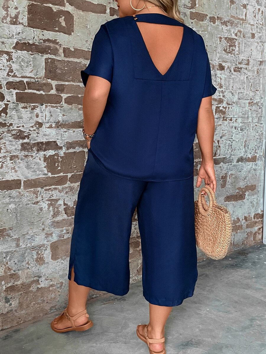 SHEIN LUNE Plus Cut Out Back Top & Split Hem Wide Leg Pants - Navy Blue - View 1