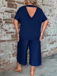 SHEIN LUNE Plus Cut Out Back Top & Split Hem Wide Leg Pants - Navy Blue - View 2