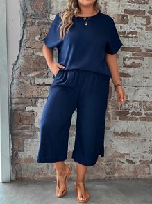 SHEIN LUNE Plus Cut Out Back Top & Split Hem Wide Leg Pants - Navy Blue - View 4