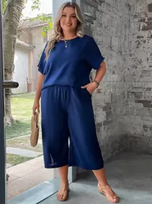 SHEIN LUNE Plus Cut Out Back Top & Split Hem Wide Leg Pants - Navy Blue - View 5