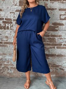SHEIN LUNE Plus Cut Out Back Top & Split Hem Wide Leg Pants - Navy Blue - View 6