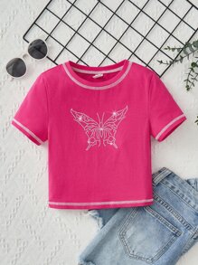 SHEIN 青少年女孩蝴蝶圖案頂針T恤 - 玫紅色 - 查看 1