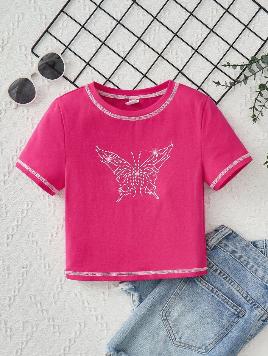 SHEIN 青少年女孩蝴蝶圖案頂針T恤 - 玫紅色 - 查看 1