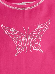 SHEIN 青少年女孩蝴蝶圖案頂針T恤 - 玫紅色 - 查看 3