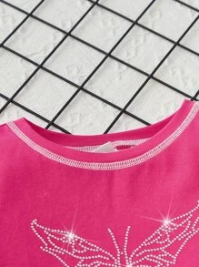 SHEIN 青少年女孩蝴蝶圖案頂針T恤 - 玫紅色 - 查看 4