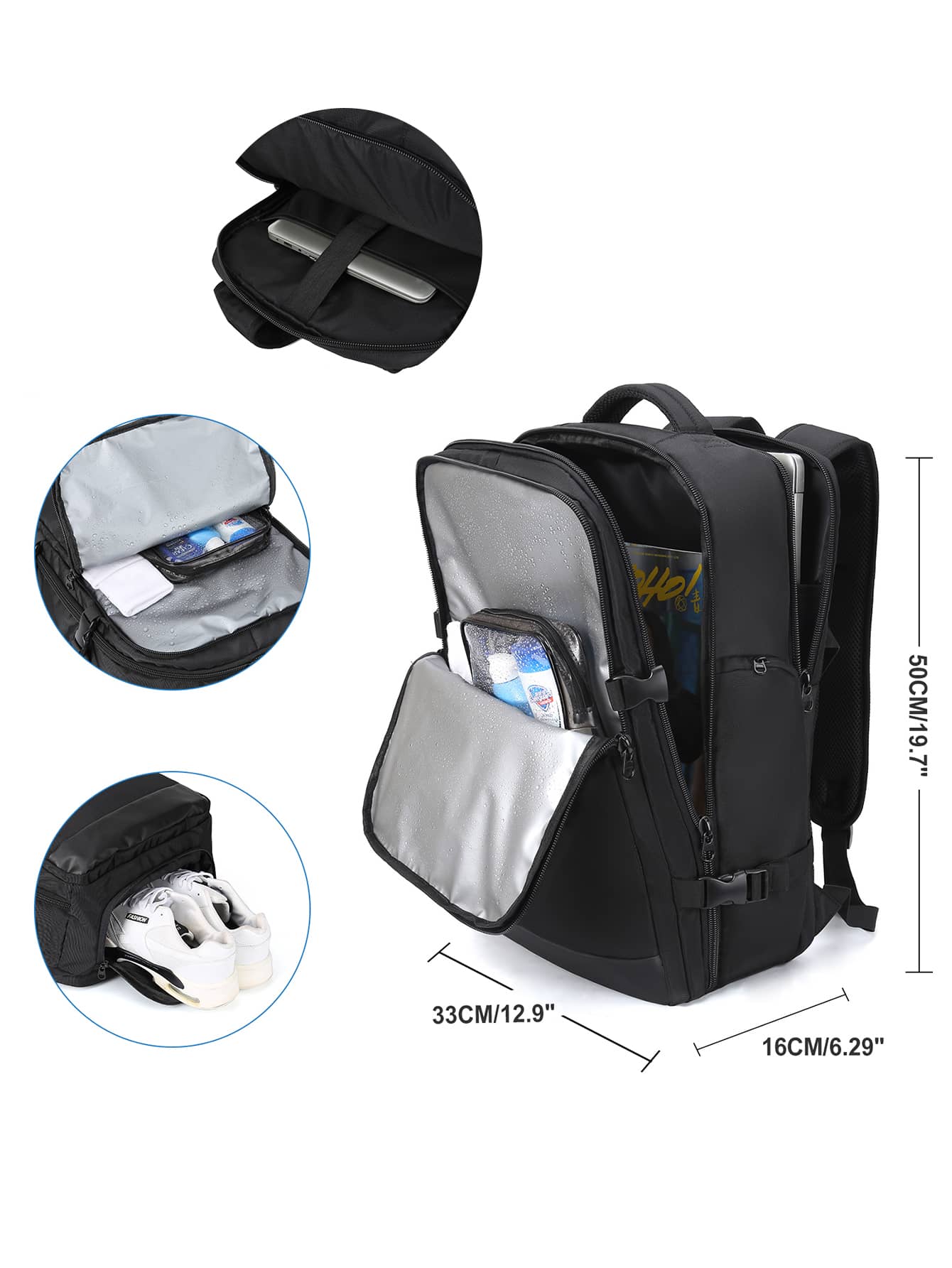 男士大容量背包,登機箱行李帶鞋格,濕和乾分離口袋,多功能商業旅行後背包適用於17英寸筆記本電腦和平板 - 黑色 - 查看 1