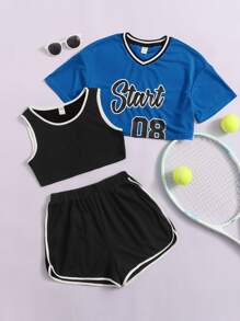 SHEIN 青少年女孩字母圖案背心上衣和T恤和短褲 - 藍色 - 查看 1