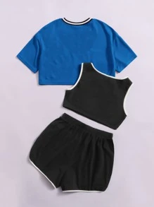 SHEIN 青少年女孩字母圖案背心上衣和T恤和短褲 - 藍色 - 查看 2