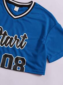 SHEIN 青少年女孩字母圖案背心上衣和T恤和短褲 - 藍色 - 查看 3
