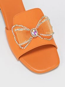 Women Rhinestone & Bow Decor Slide Sandals, Funky Outdoor Neon Orange Flat Sandals - Orange - View 6