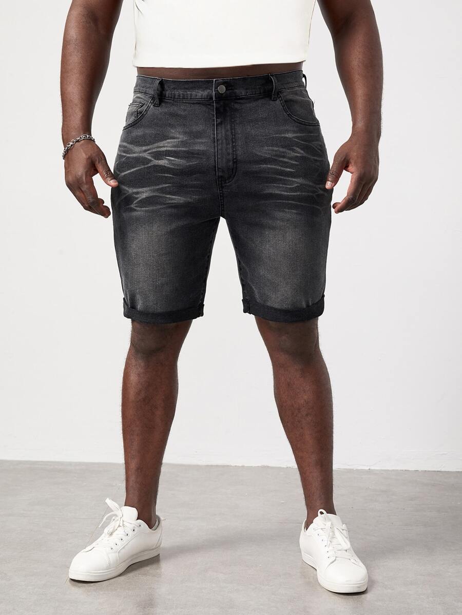 GENTILAND Men Plus Cat Whisker Washed Denim Shorts - Dark Grey - View 1